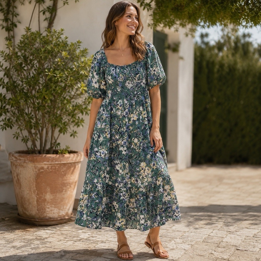 Sonoma Women's XL Green Floral Maxi Dress Short Sleeve Tiered Flowy Cotton Blend - Picture 1 of 8